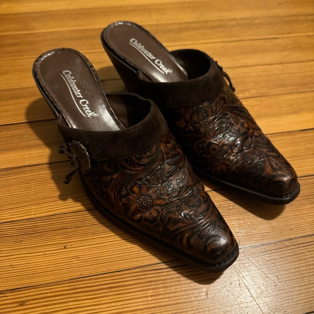 Coldwater Creek brown leather vintage Western slides/mules pointed toe size 8